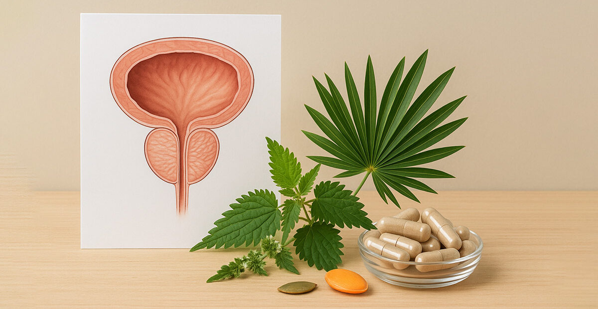 Illustrazione anatomica della prostata affiancata da piante officinali usate nella fitoterapia, come serenoa repens, ortica e semi di zucca, su sfondo naturale