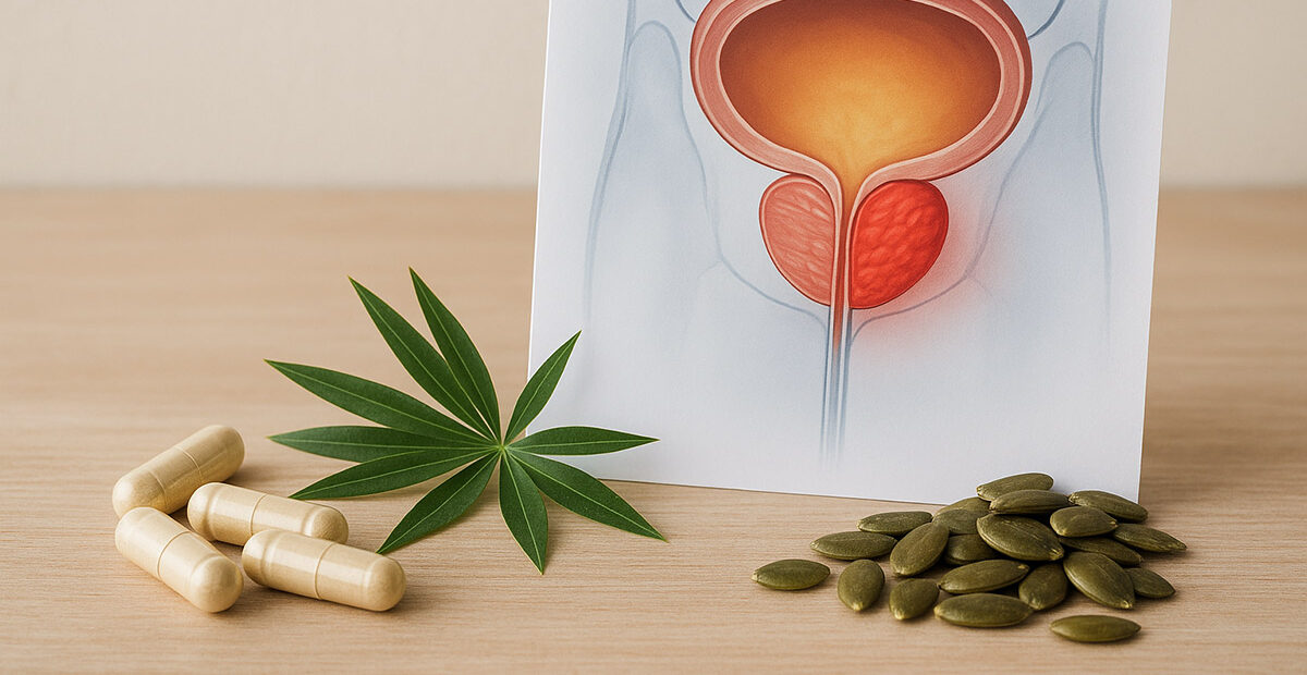 Illustrazione della prostata infiammata con capsule naturali, semi di zucca e foglia di serenoa repens come rimedi fitoterapici per la prostatite