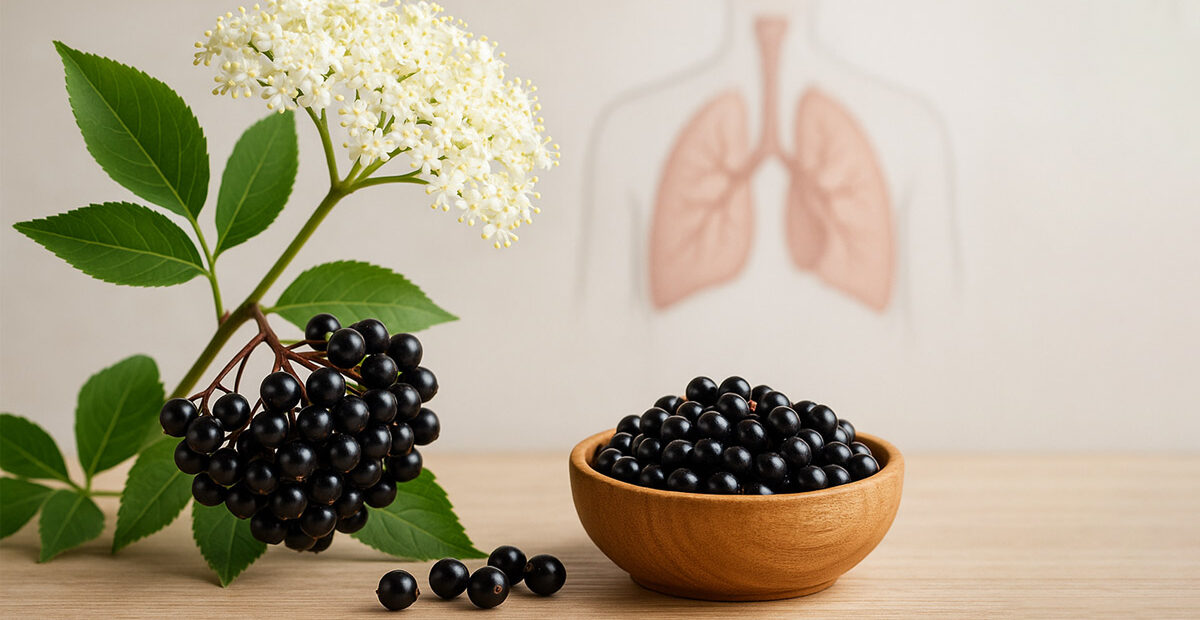 fiori e bacche di sambuco (Sambucus nigra), pianta dalle proprietà antivirali, antinfiammatorie e immunostimolanti per le vie respiratorie