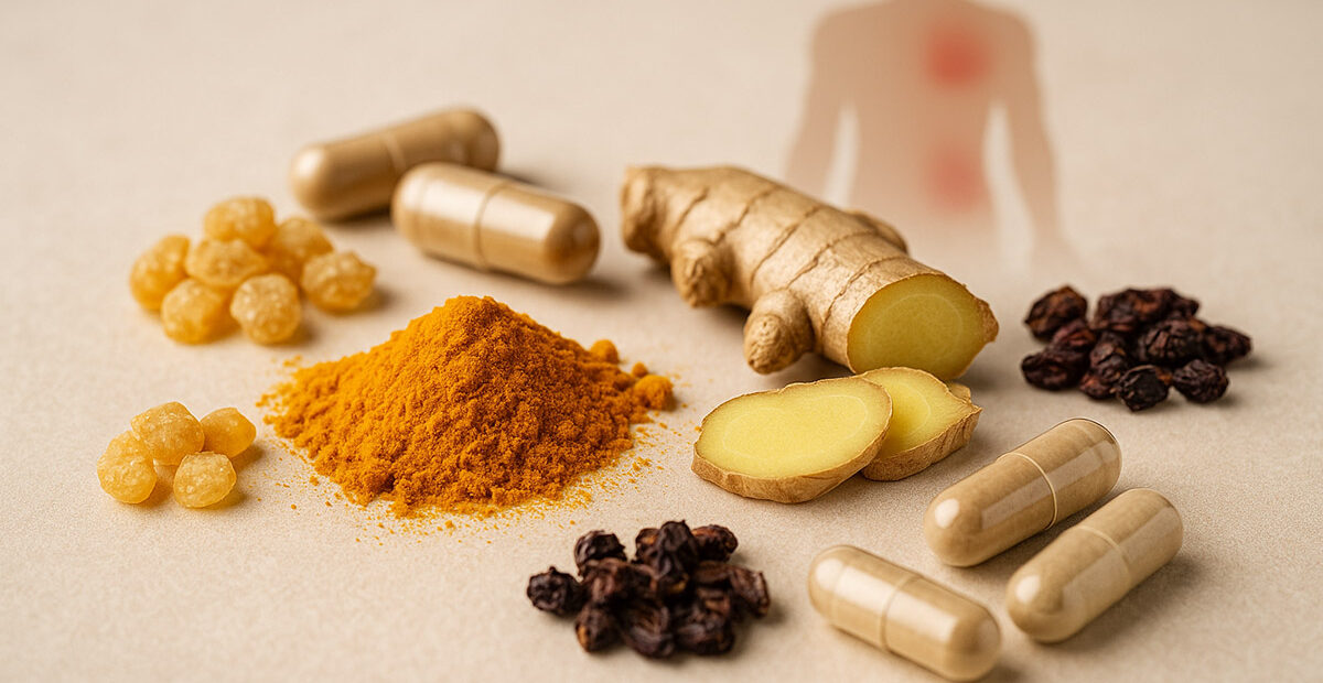 Curcuma, boswellia, zenzero e capsule naturali su fondo chiaro, simbolo dei principali antinfiammatori naturali per dolori articolari e muscolari