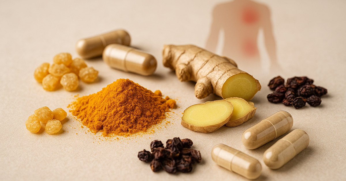 Curcuma, boswellia, zenzero e capsule naturali su fondo chiaro, simbolo dei principali antinfiammatori naturali per dolori articolari e muscolari