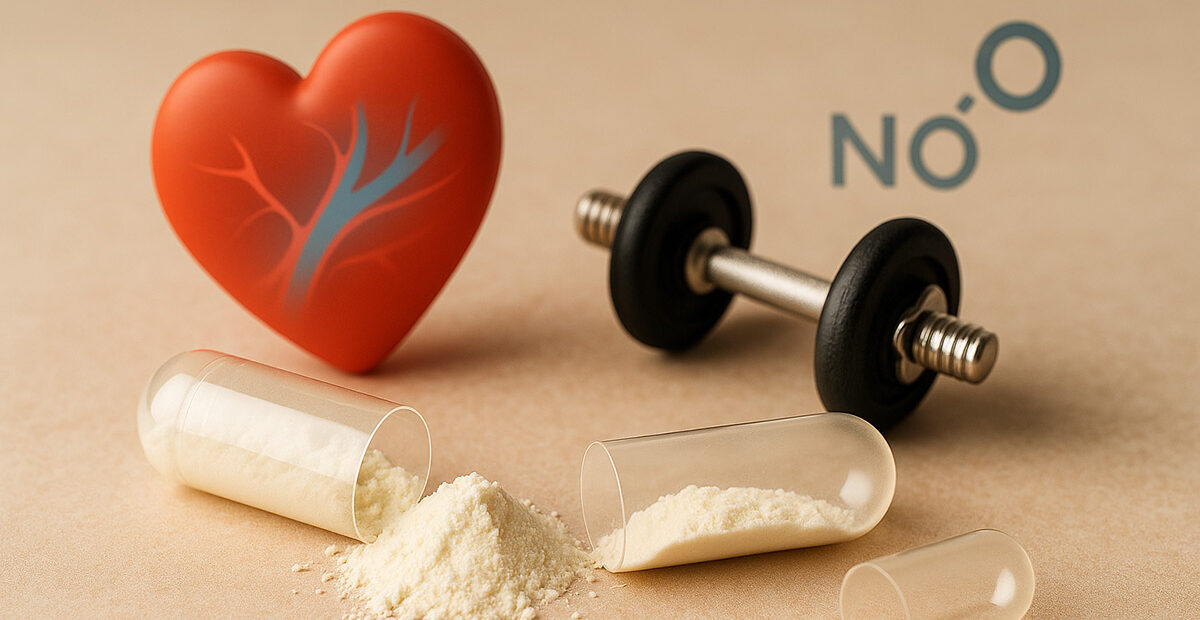 Capsula di L-arginina accanto a elementi simbolici di circolazione, cuore e performance sportiva, integratore naturale per energia, ossido nitrico e salute vascolare