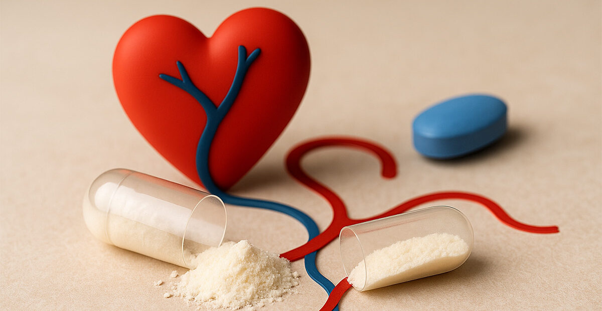 Capsula di L-arginina accanto a un cuore simbolo della circolazione e una pillola blu sullo sfondo, rappresentazione naturale e scientifica dei rimedi per l’erezione maschile