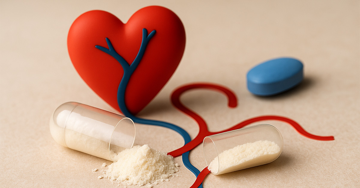 Capsula di L-arginina accanto a un cuore simbolo della circolazione e una pillola blu sullo sfondo, rappresentazione naturale e scientifica dei rimedi per l’erezione maschile