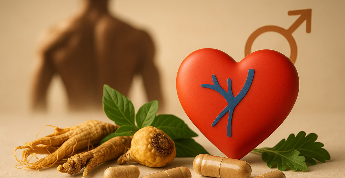 Capsule naturali con radici di ginseng e maca accanto a un cuore stilizzato, simbolo di energia, circolazione e benessere sessuale maschile