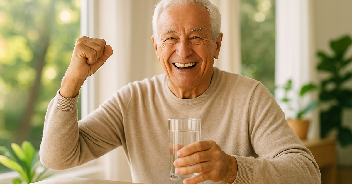 Anziano sorridente con bicchiere d’acqua e integratore naturale sul tavolo, simbolo di vitalità, energia e benessere dopo gli 80 anni