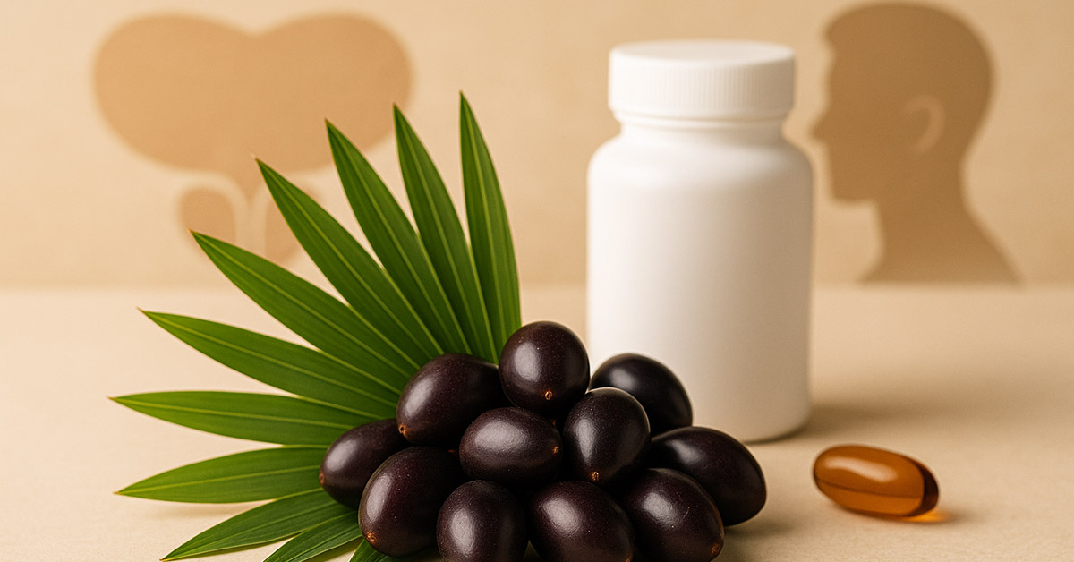 Bacche di Serenoa Repens e foglie di palma nana americana, rimedio naturale per il benessere della prostata e il supporto ormonale maschile