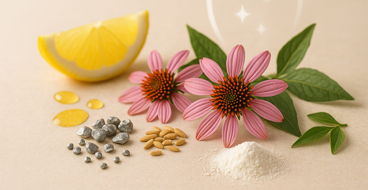 Ingredienti naturali come limone, echinacea, probiotici e minerali su fondo chiaro, simbolo del supporto immunitario grazie a vitamine, zinco e antiossidanti