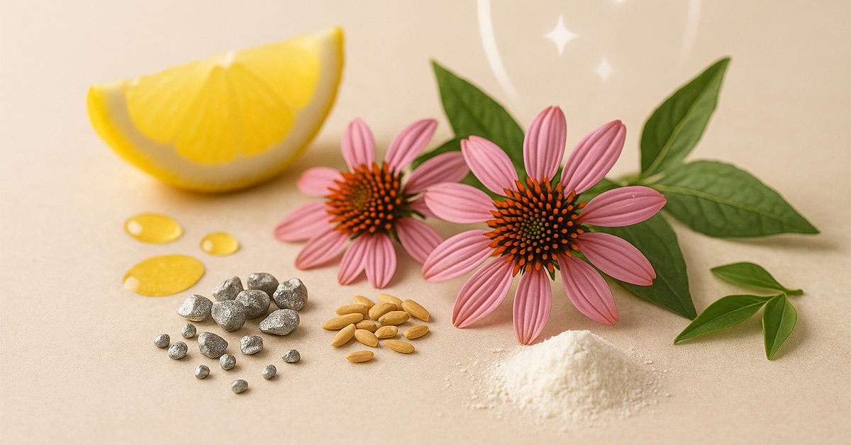 Ingredienti naturali come limone, echinacea, probiotici e minerali su fondo chiaro, simbolo del supporto immunitario grazie a vitamine, zinco e antiossidanti