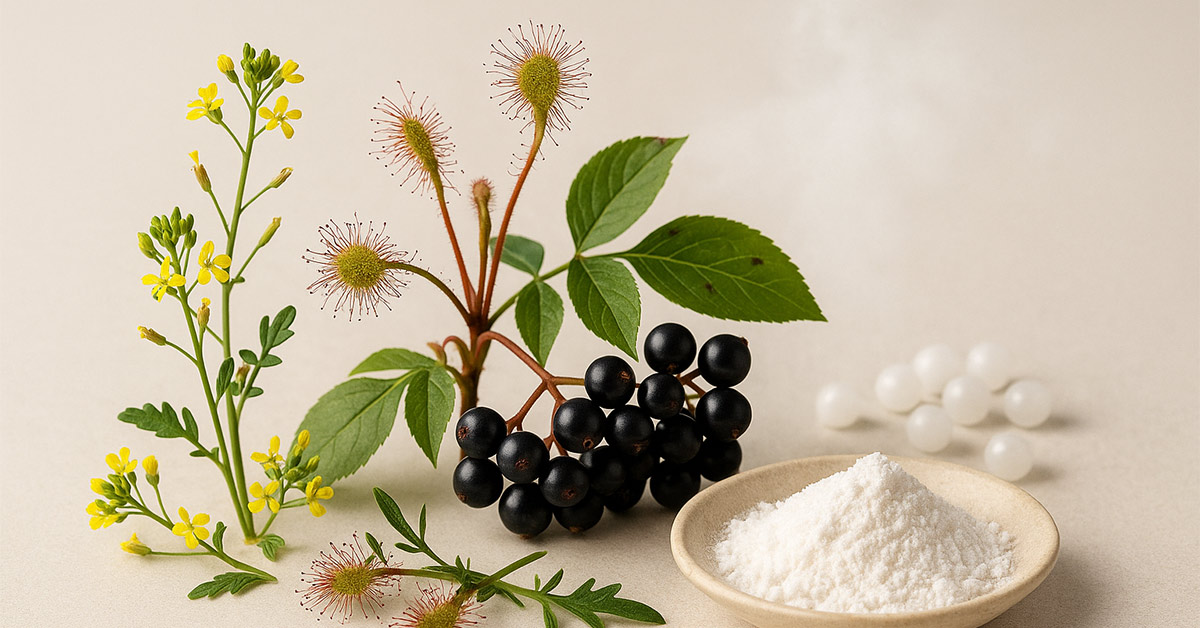 Fiori di erisimo, bacche di sambuco e drosera disposti su fondo chiaro con elementi probiotici, simbolo della doppia azione naturale mucolitica e immunitaria