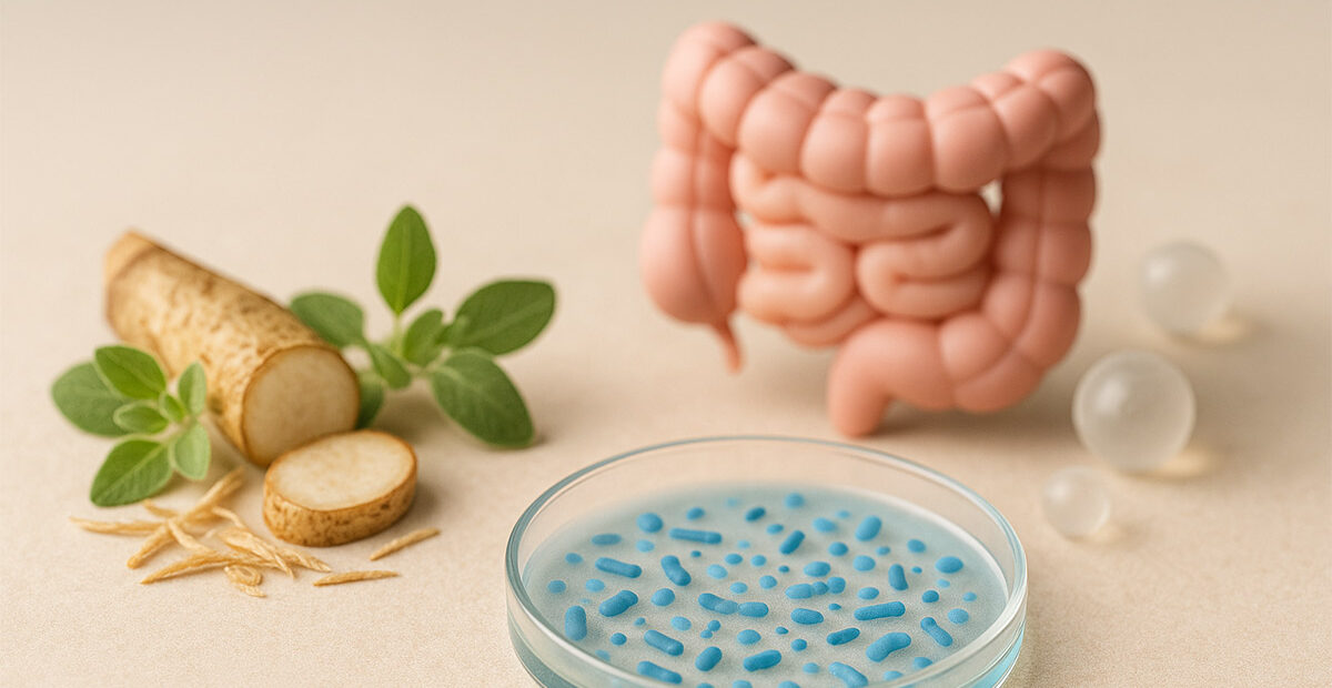 Coltura probiotica, radice naturale e rappresentazione dell’intestino su fondo chiaro per simboleggiare il ruolo dei probiotici nel microbiota e nel sistema immunitario