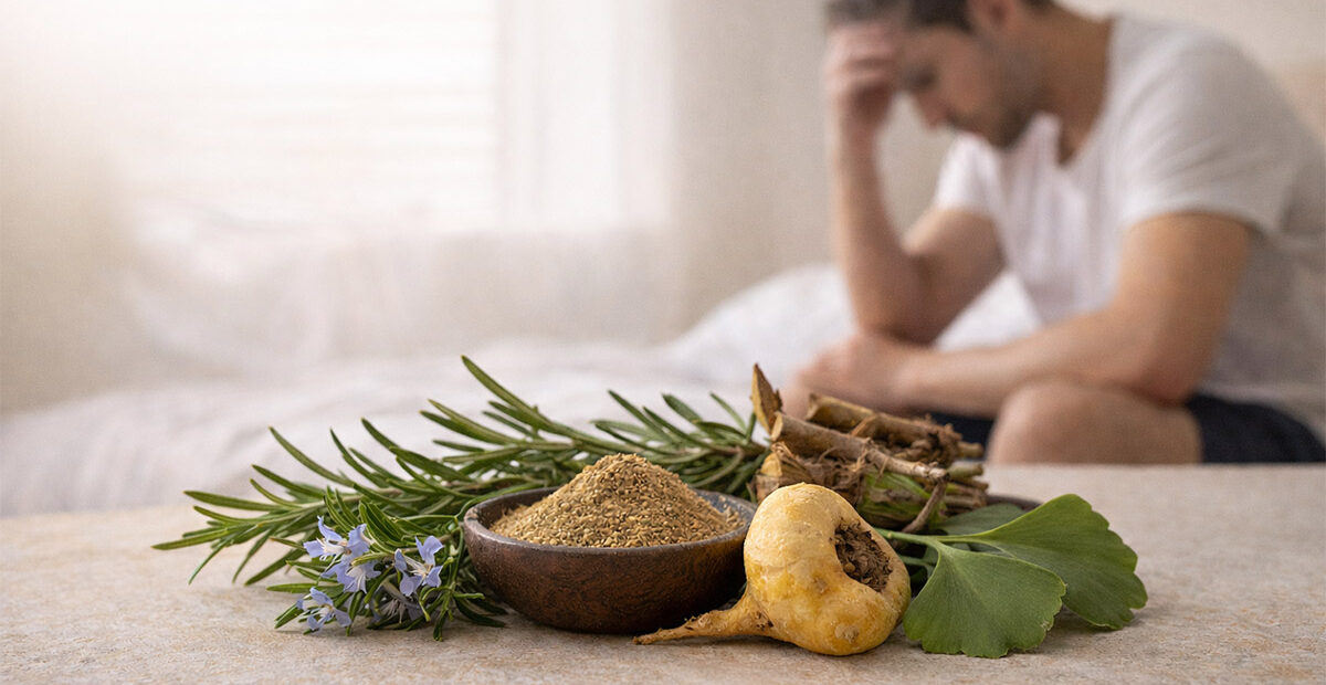 Uomo pensieroso seduto sul letto con piante officinali sullo sfondo, simbolo del calo della libido maschile e dei rimedi naturali per il benessere sessuale