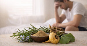 Uomo pensieroso seduto sul letto con piante officinali sullo sfondo, simbolo del calo della libido maschile e dei rimedi naturali per il benessere sessuale
