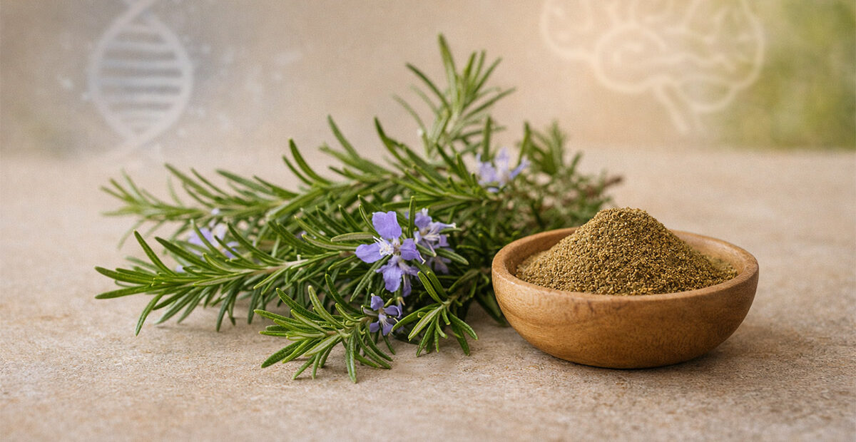 Rametti di rosmarino officinale ed estratto vegetale su fondo chiaro, simbolo delle proprietà antiossidanti, cognitive e antinfiammatorie del Rosmarinus officinalis