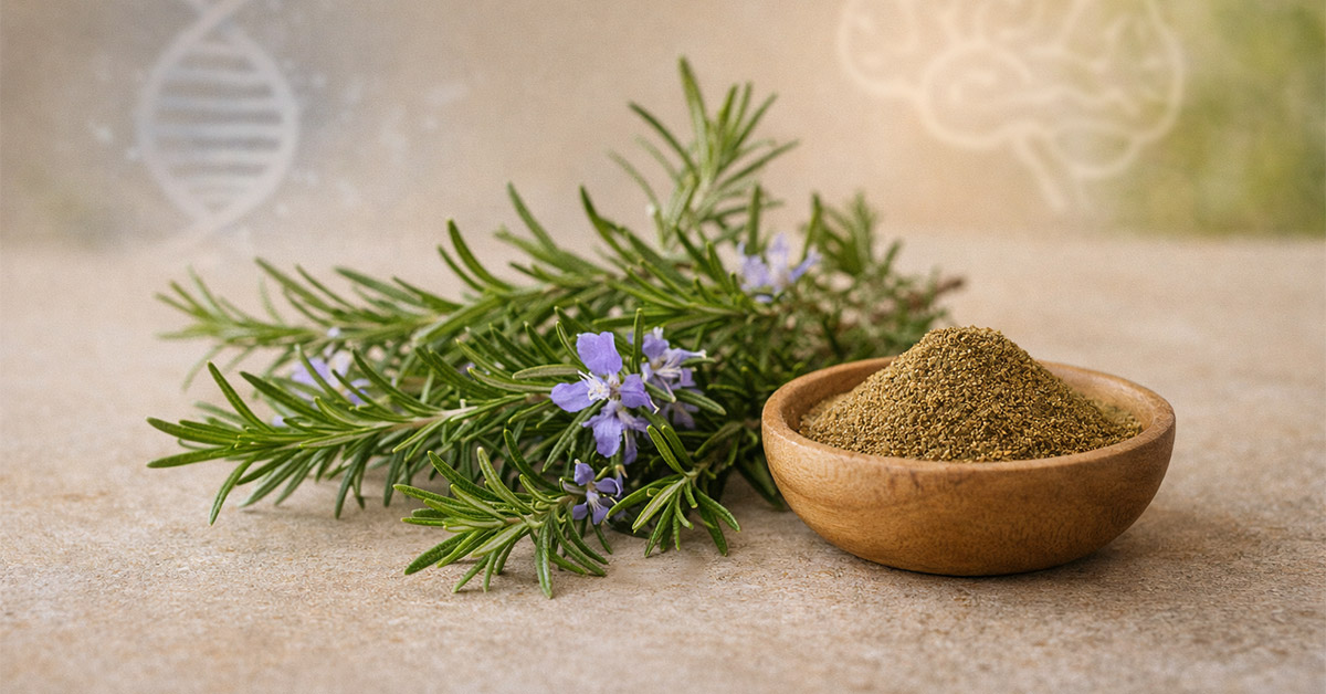 Rametti di rosmarino officinale ed estratto vegetale su fondo chiaro, simbolo delle proprietà antiossidanti, cognitive e antinfiammatorie del Rosmarinus officinalis