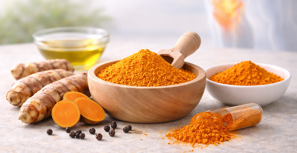 Radice fresca di curcuma e polvere di curcuma accanto a estratto concentrato di curcumina con pepe nero e olio, rappresentazione dei benefici antinfiammatori naturali per articolazioni e infiammazione