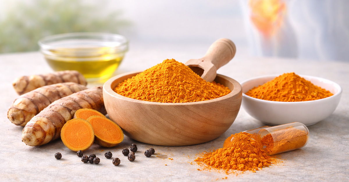 Radice fresca di curcuma e polvere di curcuma accanto a estratto concentrato di curcumina con pepe nero e olio, rappresentazione dei benefici antinfiammatori naturali per articolazioni e infiammazione