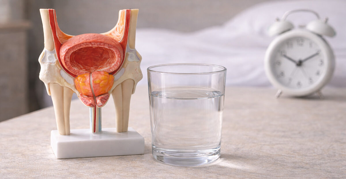 Modello anatomico della prostata ingrossata accanto a bicchiere d’acqua e orologio notturno che rappresenta i sintomi dell’ipertrofia prostatica benigna negli uomini over 50