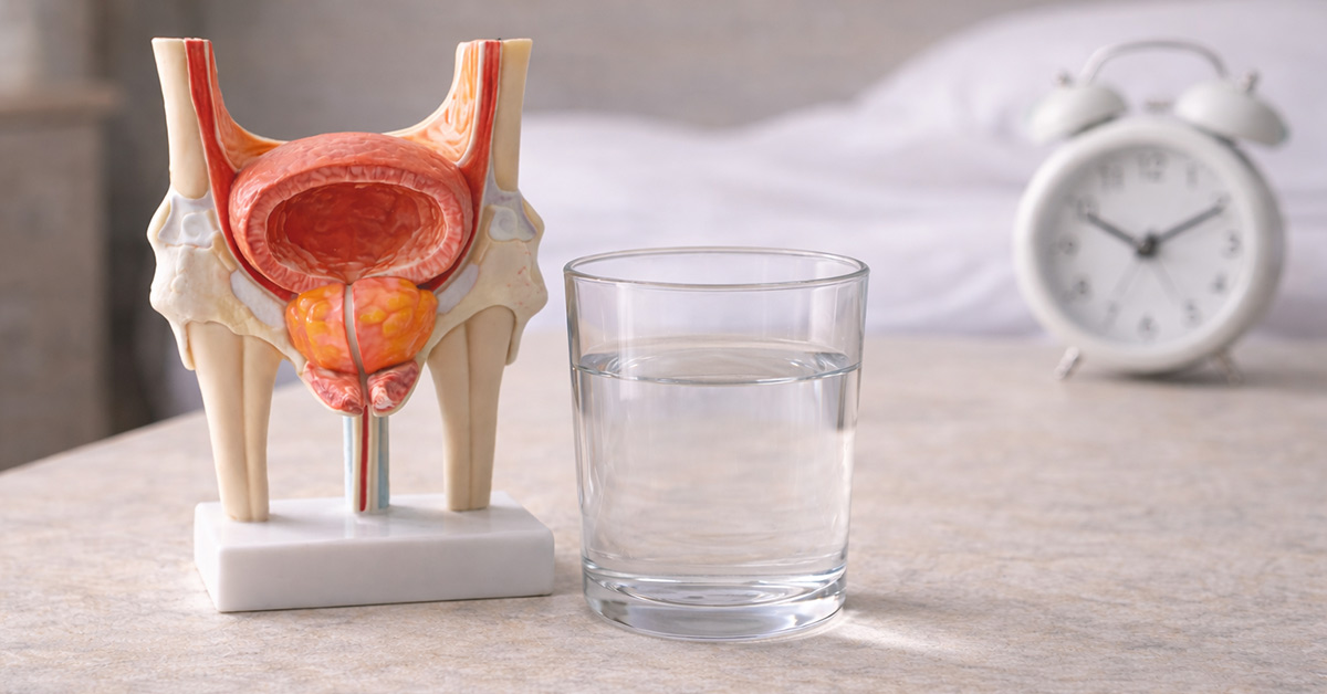 Modello anatomico della prostata ingrossata accanto a bicchiere d’acqua e orologio notturno che rappresenta i sintomi dell’ipertrofia prostatica benigna negli uomini over 50