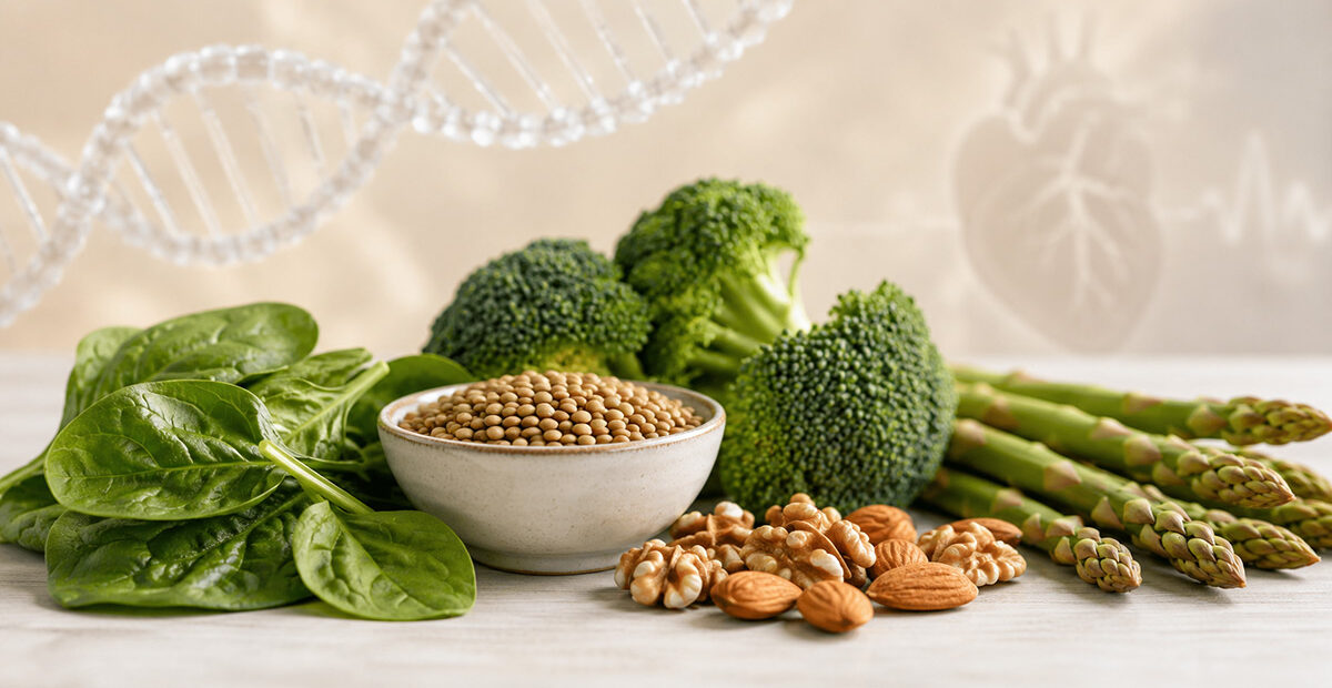 Alimenti ricchi di folati come spinaci, broccoli, legumi e frutta secca con DNA stilizzato sullo sfondo, simbolo del ruolo dell’acido folico nella salute cellulare e cardiovascolare