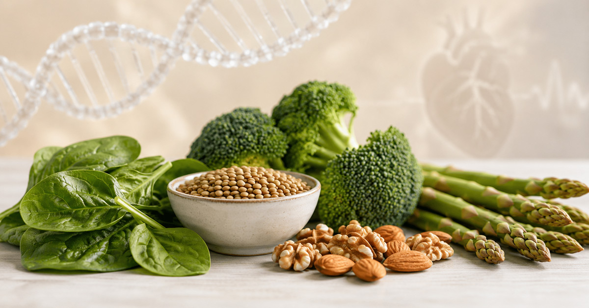 Alimenti ricchi di folati come spinaci, broccoli, legumi e frutta secca con DNA stilizzato sullo sfondo, simbolo del ruolo dell’acido folico nella salute cellulare e cardiovascolare