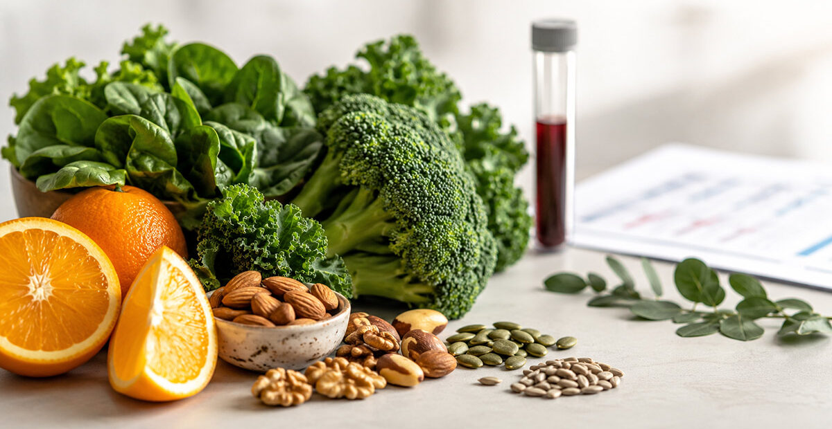 Alimenti ricchi di vitamine e riferimento alle analisi del sangue su fondo chiaro, simbolo dell’integrazione vitaminica consapevole in caso di carenze nutrizionali