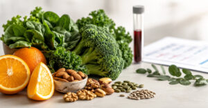Alimenti ricchi di vitamine e riferimento alle analisi del sangue su fondo chiaro, simbolo dell’integrazione vitaminica consapevole in caso di carenze nutrizionali